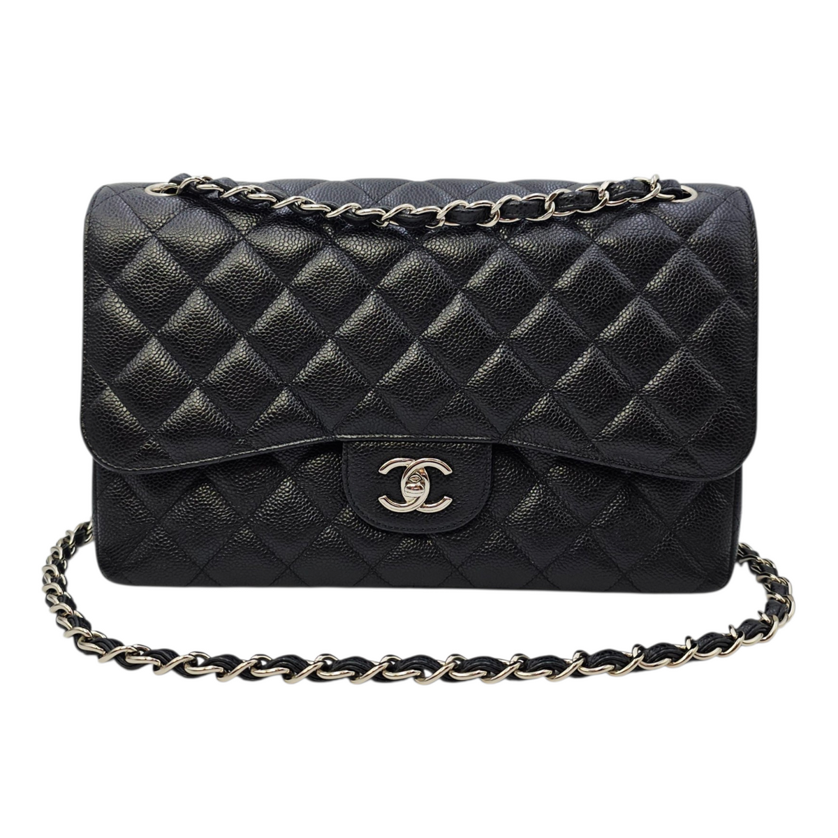 Classic (Double Flap) Jumbo Black Shoulder Bag in Caviar Leather Silver hardware