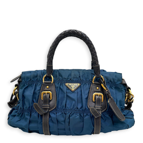 Tessuto Gaufre  Blue Top Handle Bag in Nylon Gold hardware