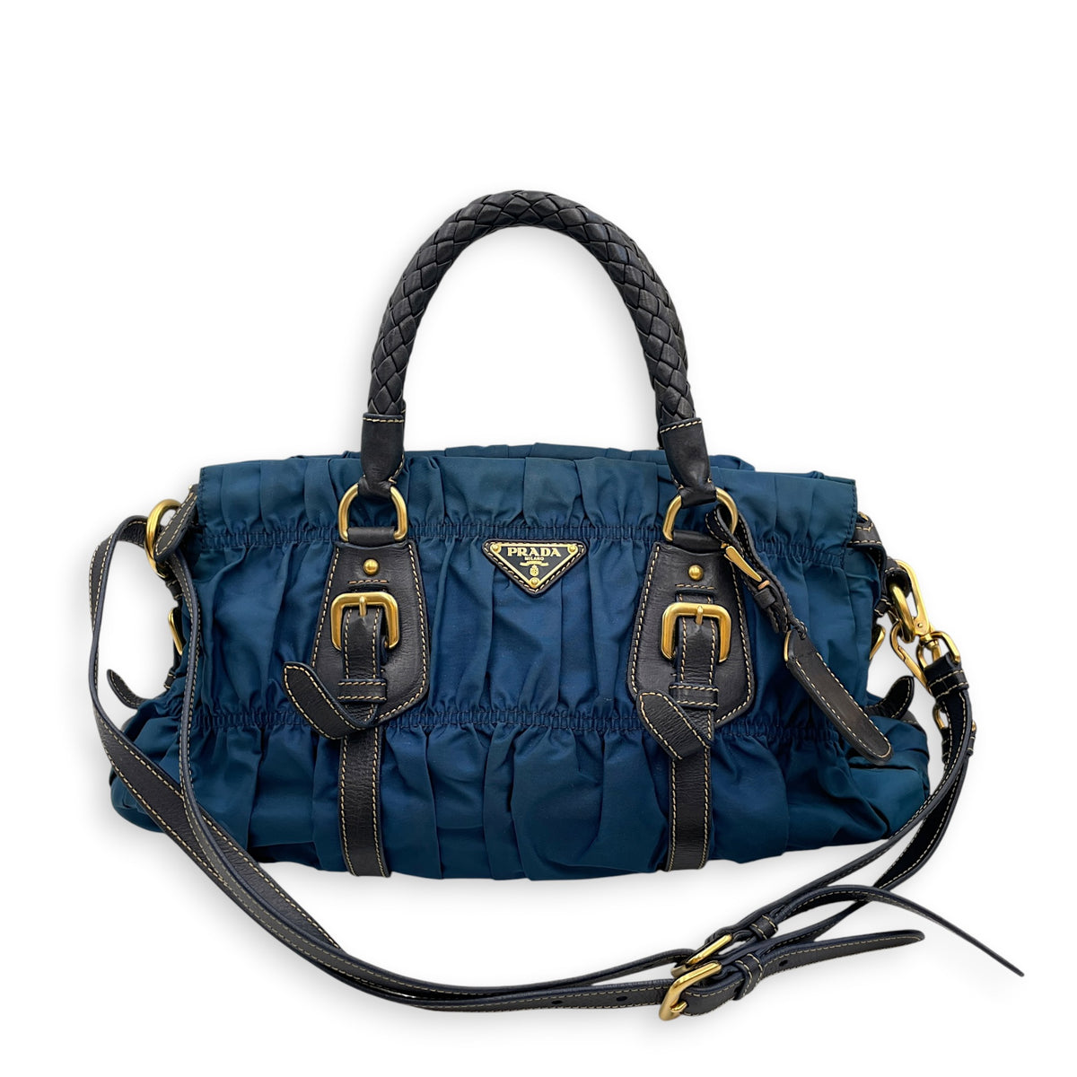 Tessuto Gaufre  Blue Top Handle Bag in Nylon Gold hardware