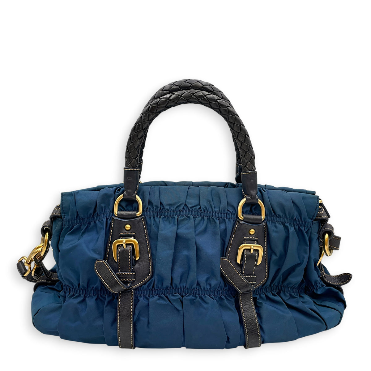 Tessuto Gaufre  Blue Top Handle Bag in Nylon Gold hardware