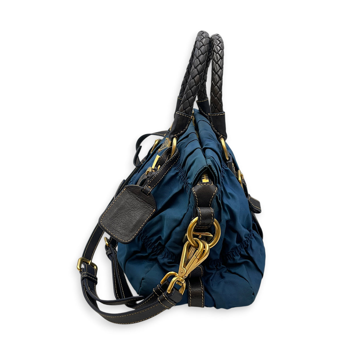 Tessuto Gaufre  Blue Top Handle Bag in Nylon Gold hardware