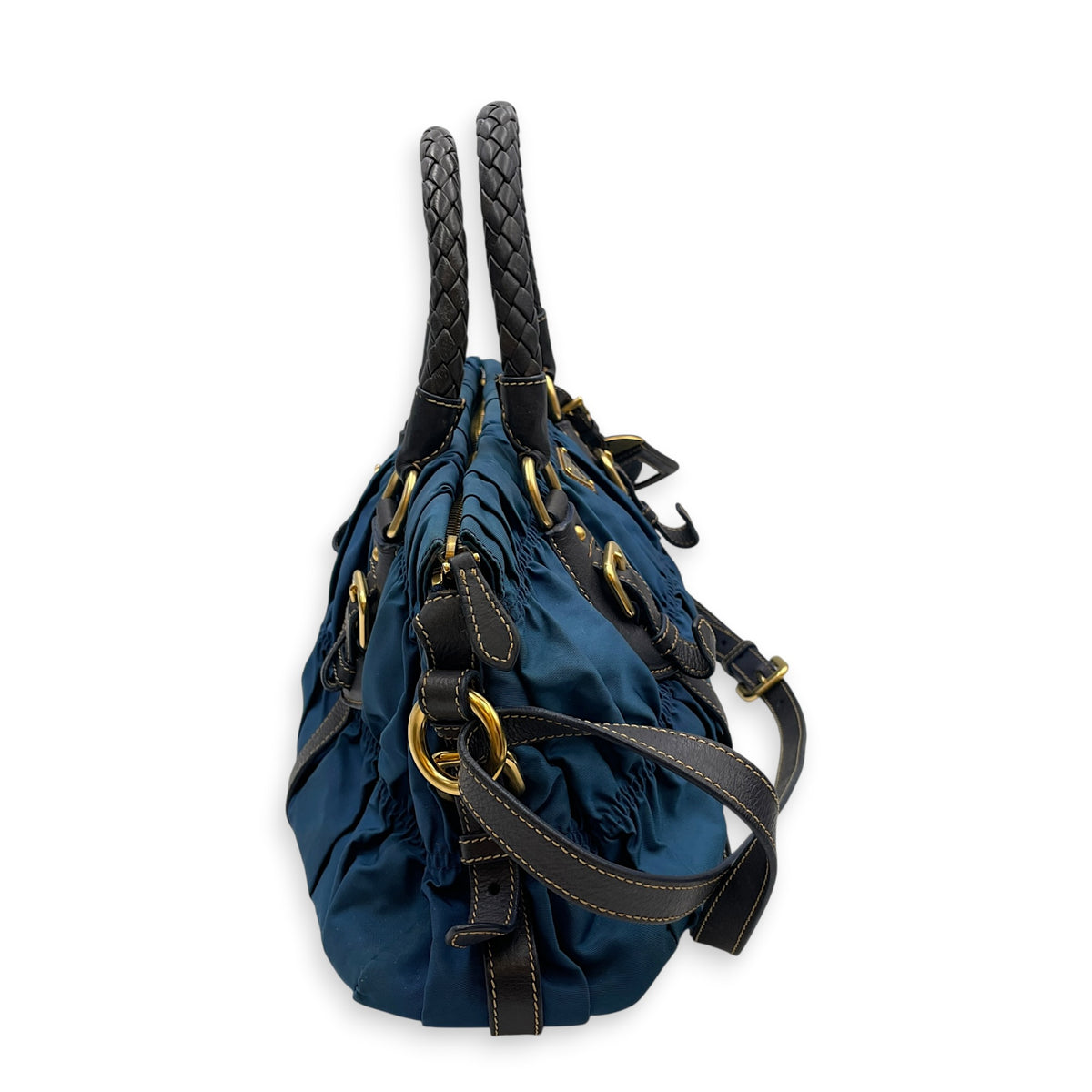 Tessuto Gaufre  Blue Top Handle Bag in Nylon Gold hardware