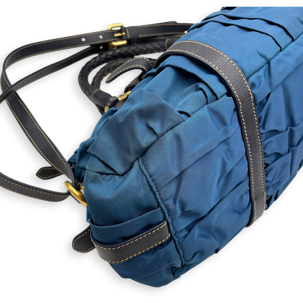 Tessuto Gaufre  Blue Top Handle Bag in Nylon Gold hardware