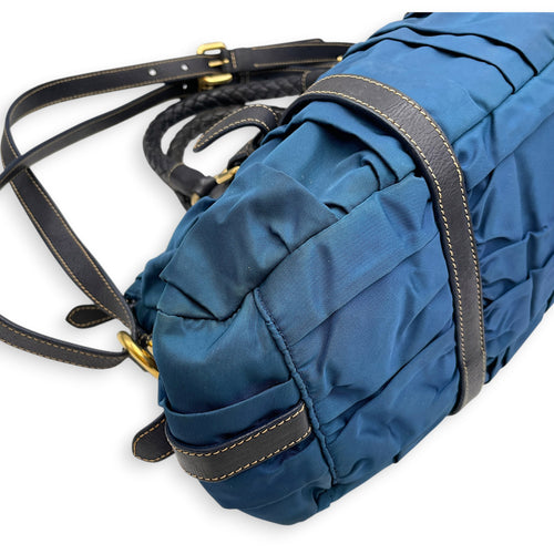 Tessuto Gaufre  Blue Top Handle Bag in Nylon Gold hardware