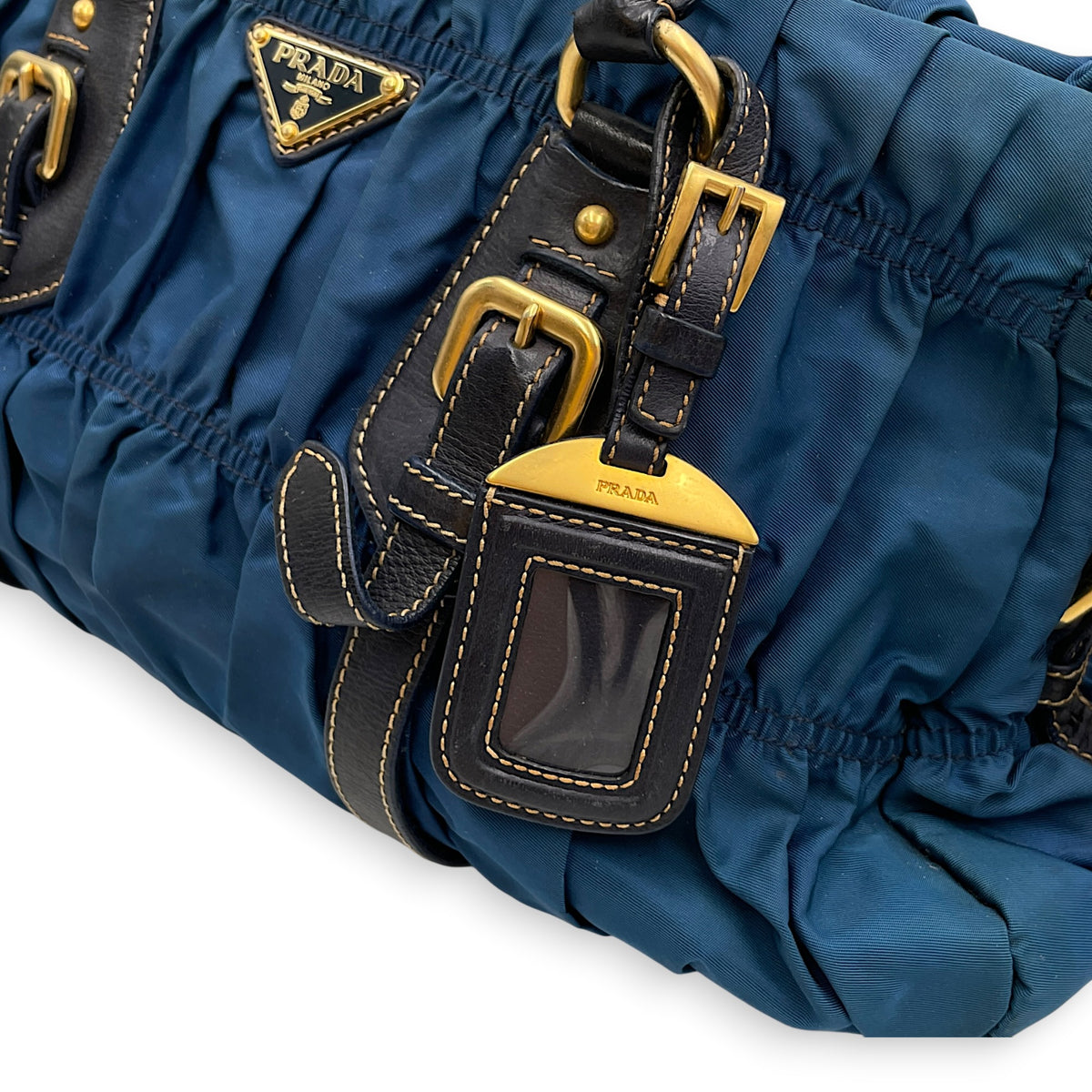 Tessuto Gaufre  Blue Top Handle Bag in Nylon Gold hardware