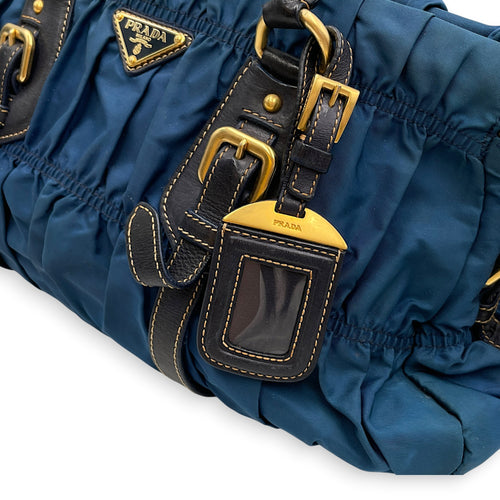 Tessuto Gaufre  Blue Top Handle Bag in Nylon Gold hardware