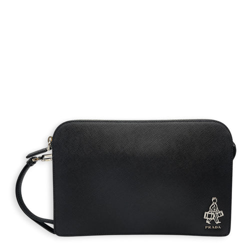 Porter Pouch  Black Clutch in Saffiano Leather Silver hardware