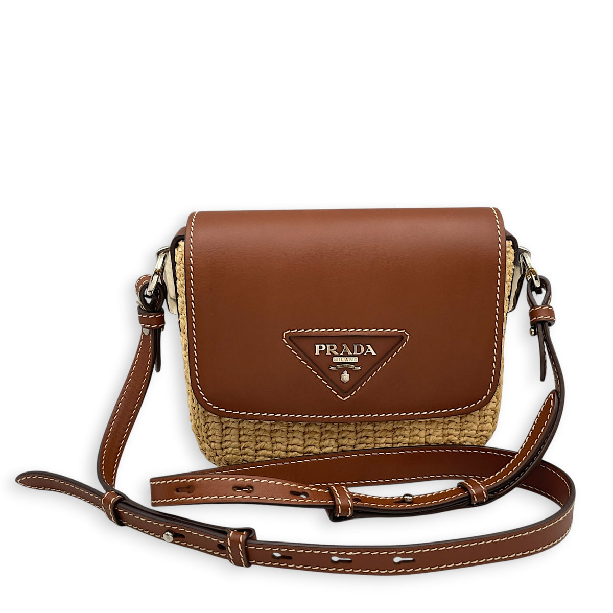 Raffia and Vitello  Beige Crossbody Bag in Raffia Silver hardware