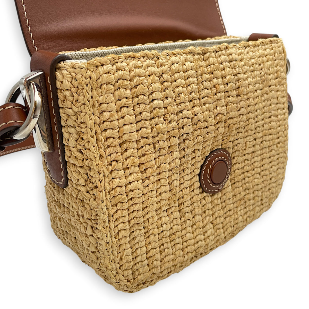 Raffia and Vitello  Beige Crossbody Bag in Raffia Silver hardware