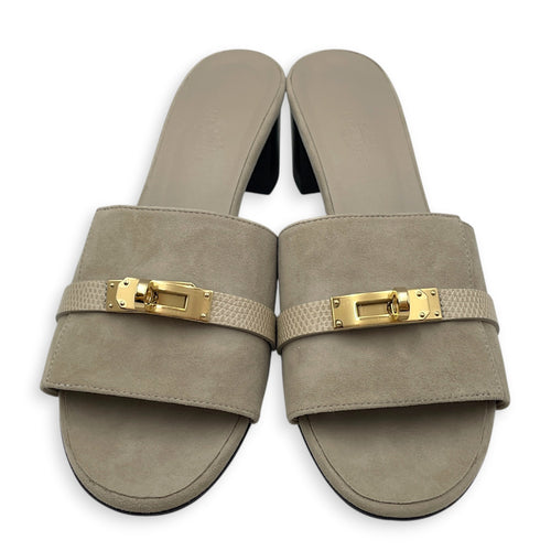 GiGi 50 37.5 Beige Galet Sandals in Suede Leather Permabrass hardware