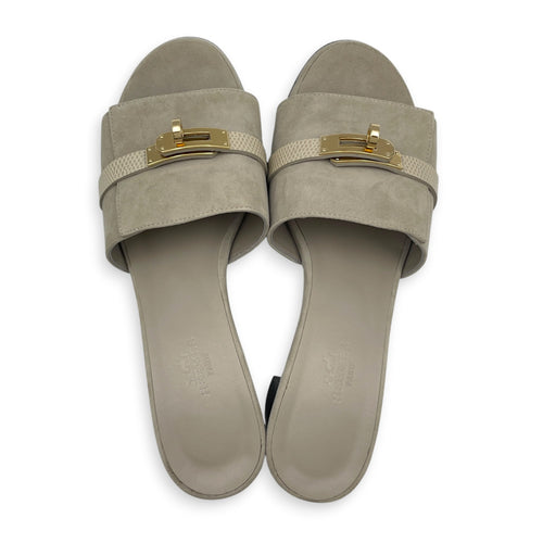 GiGi 50 37.5 Beige Galet Sandals in Suede Leather Permabrass hardware