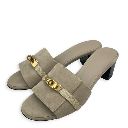 GiGi 50 37.5 Beige Galet Sandals in Suede Leather Permabrass hardware