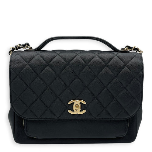 Business Affinity Black Top Handle Bag in Caviar Leather Light Gold hardware