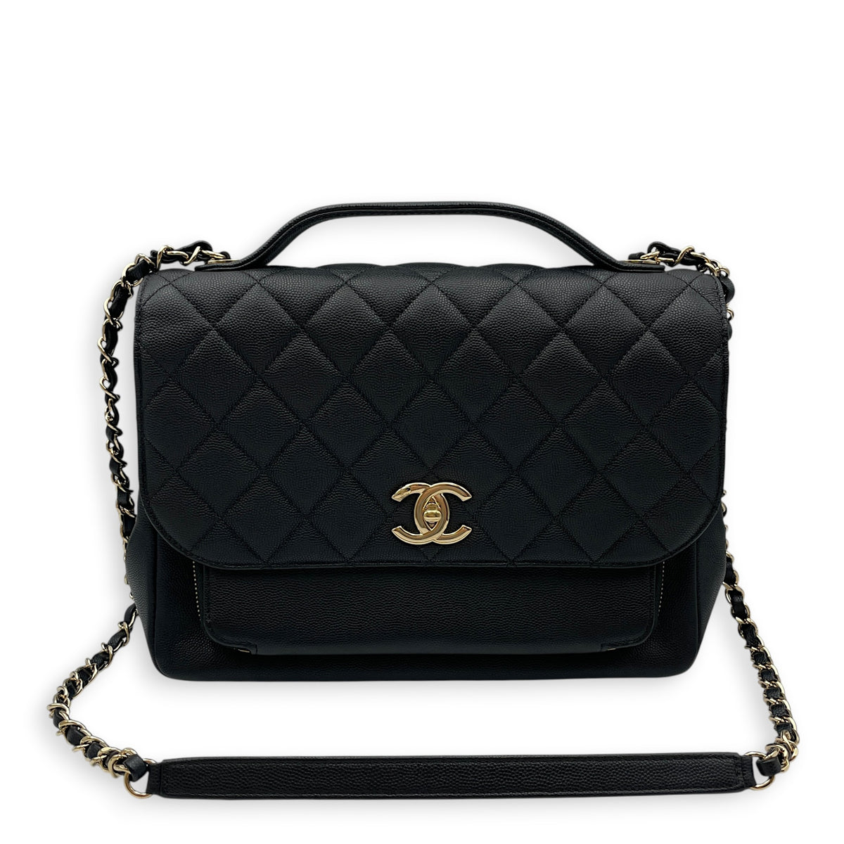Business Affinity Black Top Handle Bag in Caviar Leather Light Gold hardware