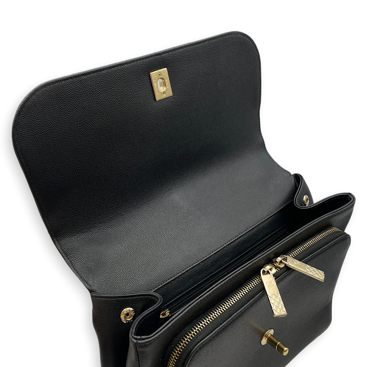 Business Affinity Black Top Handle Bag in Caviar Leather Light Gold hardware