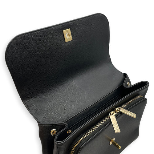 Business Affinity Black Top Handle Bag in Caviar Leather Light Gold hardware
