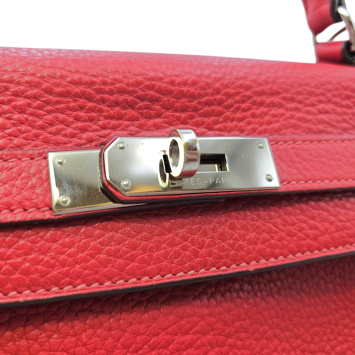Kelly 28 Rouge Casaque in Clemence Palladium hardware