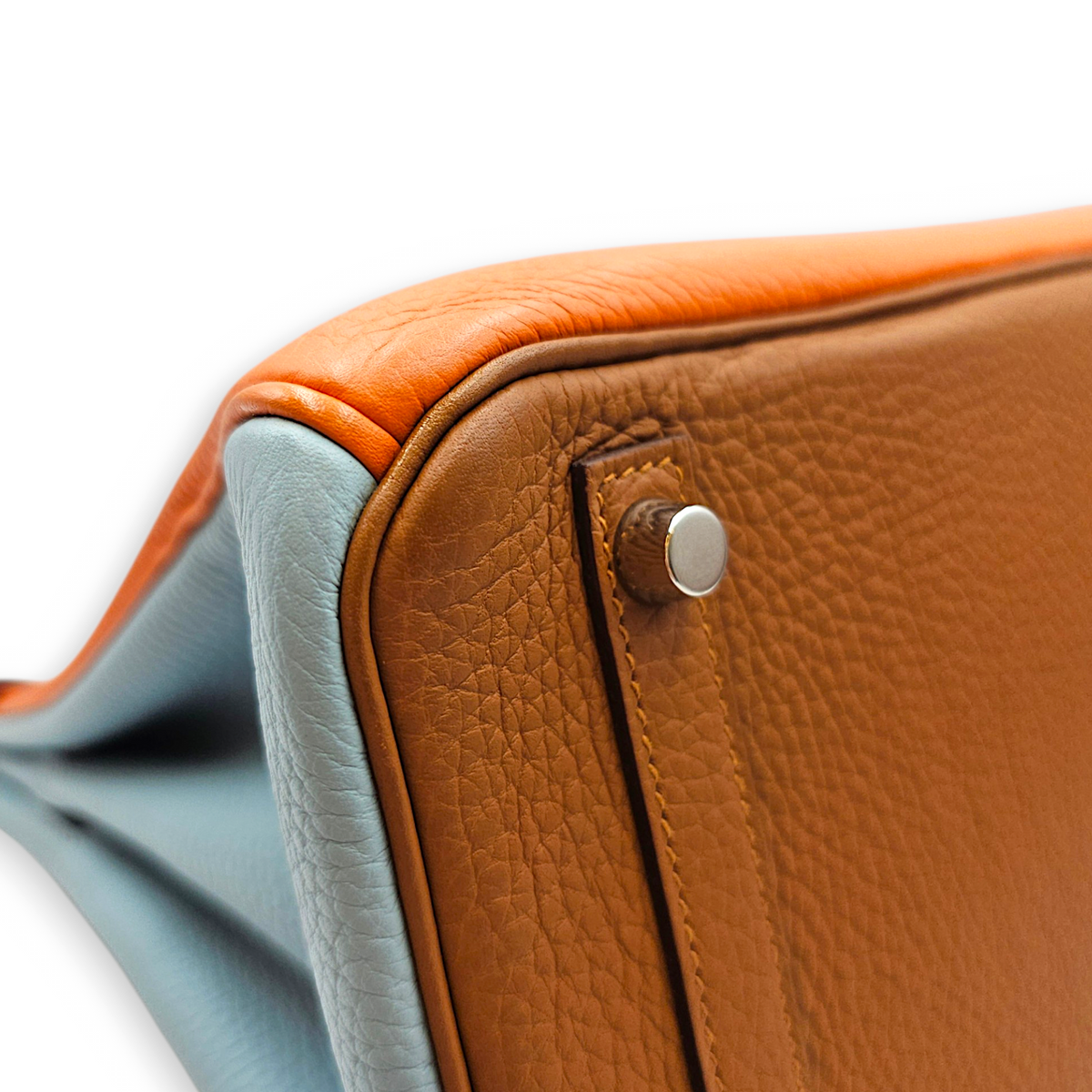 Arlequin Birkin 30 Orange/Sanguine/Blue Hydra/Blue Lin/Etain/Gold/Marron D'Inde in Clemence Palladium hardware