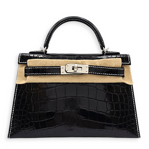 HSS Sellier Kelly  20 Noir/Nata in Shiny Alligator Palladium hardware
