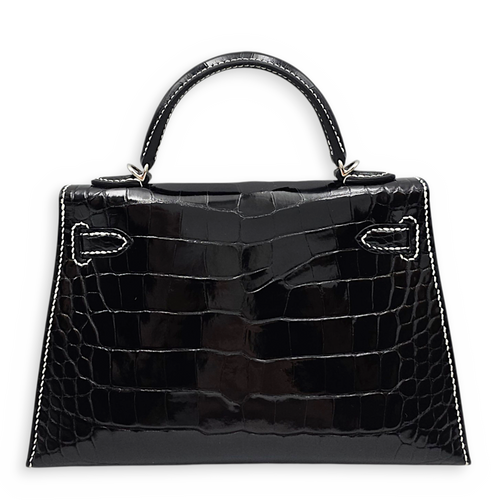 HSS Sellier Kelly  20 Noir/Nata in Shiny Alligator Palladium hardware