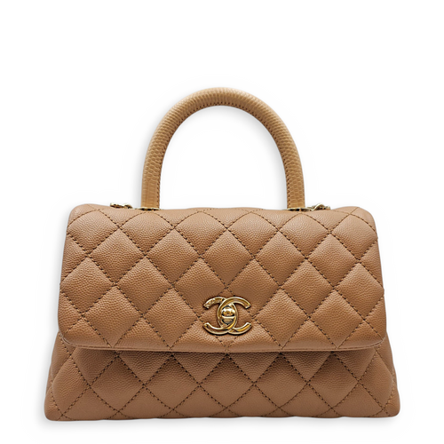 Coco Handle with Lizard Handle  Small Beige Top Handle Bag in Caviar Leather Light Gold hardware