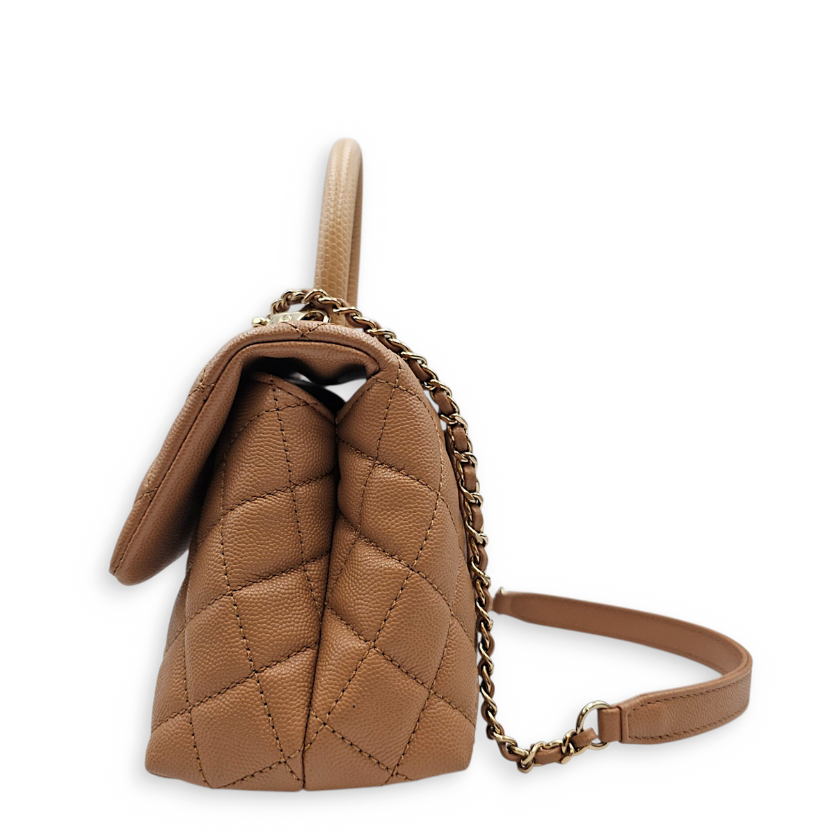 Coco Handle with Lizard Handle  Small Beige Top Handle Bag in Caviar Leather Light Gold hardware