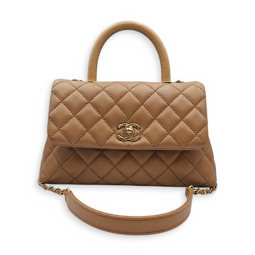 Coco Handle with Lizard Handle  Small Beige Top Handle Bag in Caviar Leather Light Gold hardware