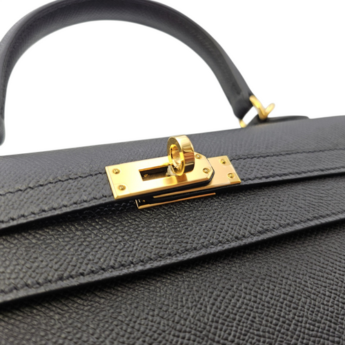 Sellier Kelly 25 Noir in Epsom Gold hardware