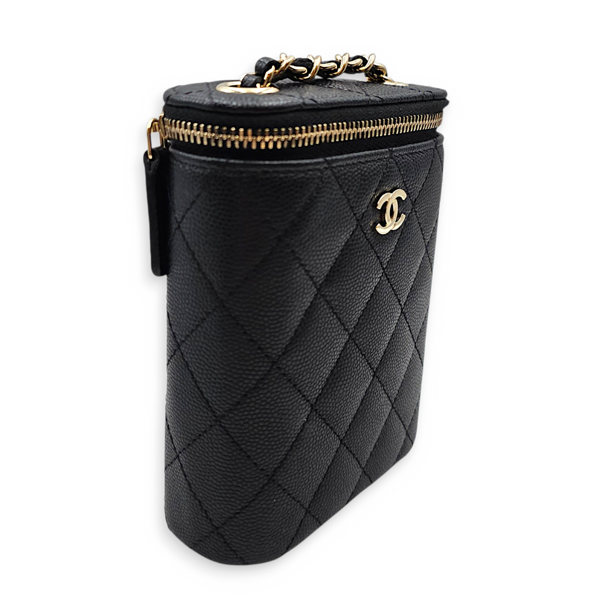Quilted Vertical Coco Beauty Case  Small Black Crossbody Bag in Caviar Leather Light Gold hardware