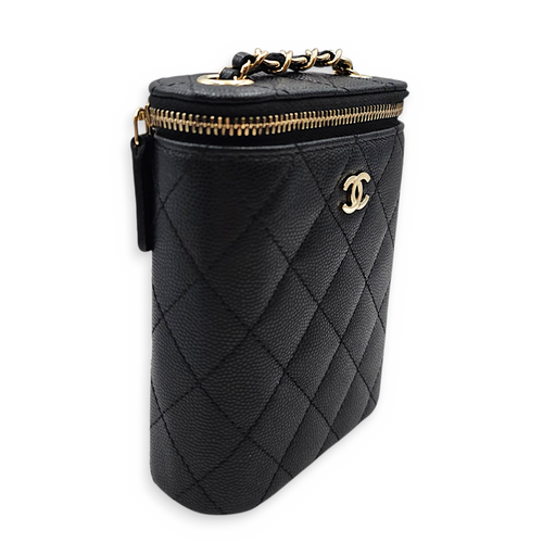 Quilted Vertical Coco Beauty Case  Small Black Crossbody Bag in Caviar Leather Light Gold hardware