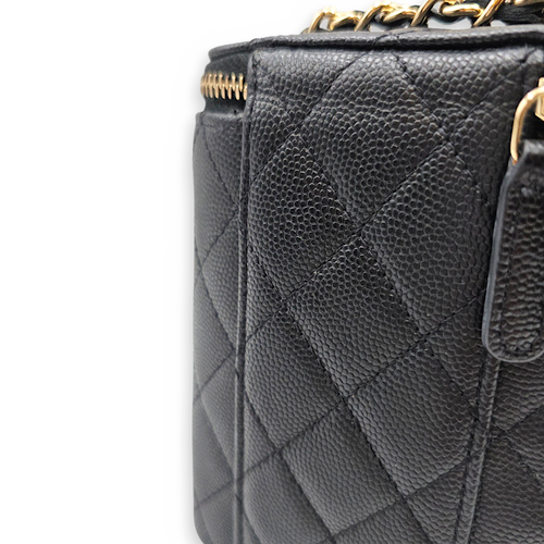 Quilted Vertical Coco Beauty Case  Small Black Crossbody Bag in Caviar Leather Light Gold hardware