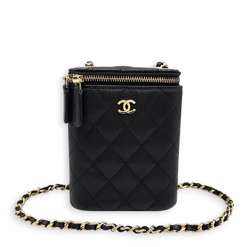 Quilted Vertical Coco Beauty Case  Small Black Crossbody Bag in Caviar Leather Light Gold hardware