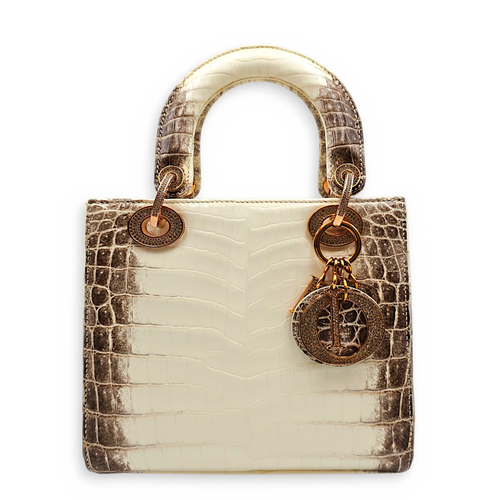 Lady Dior White Top Handle Bag in Crocodile Leather Rose Gold hardware