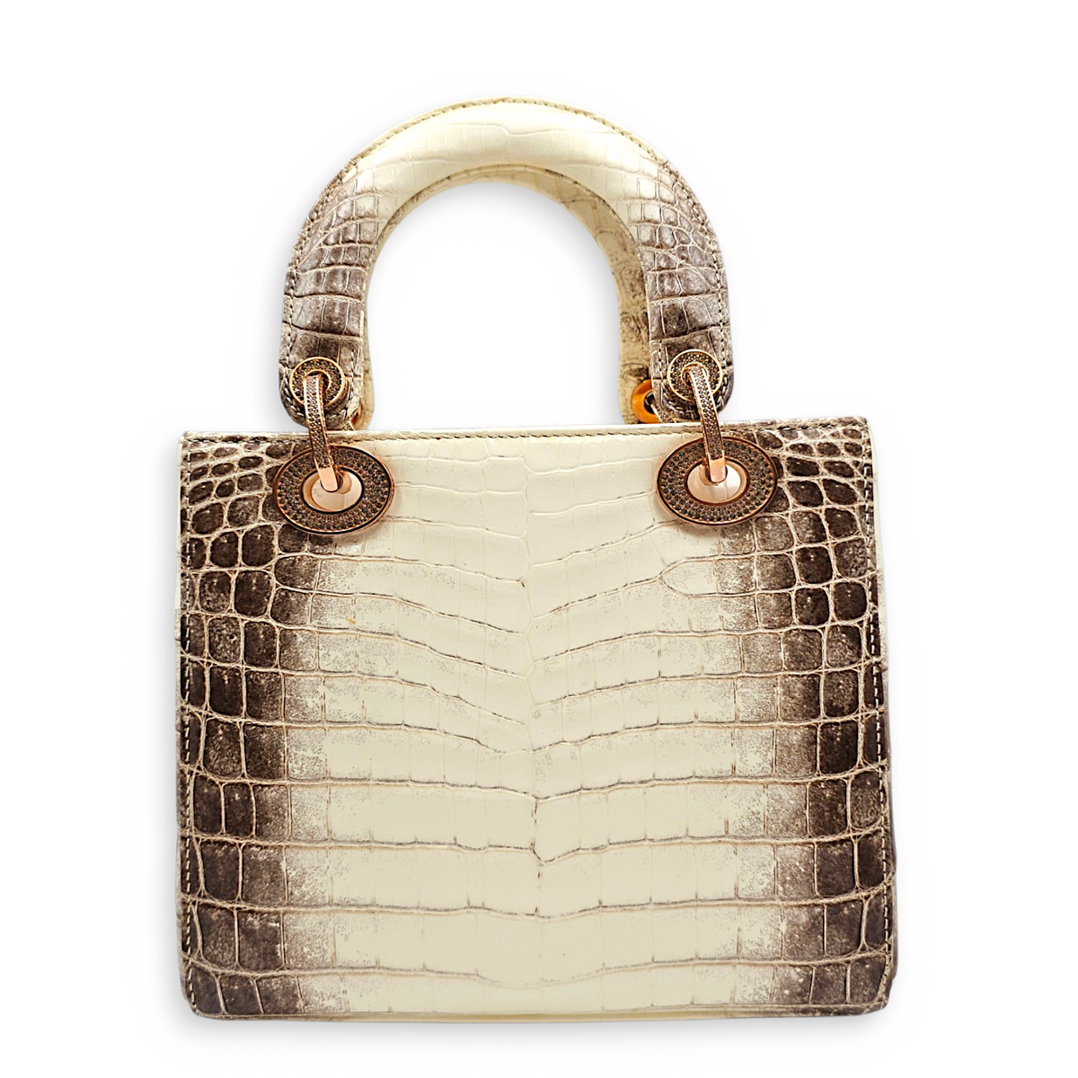 Lady Dior White Top Handle Bag in Crocodile Leather Rose Gold hardware