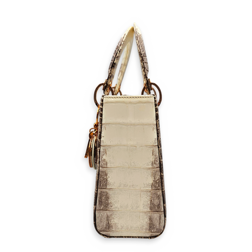 Lady Dior White Top Handle Bag in Crocodile Leather Rose Gold hardware