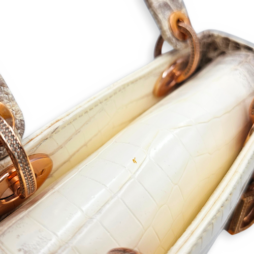 Lady Dior White Top Handle Bag in Crocodile Leather Rose Gold hardware
