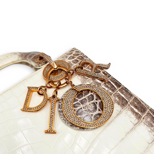 Lady Dior White Top Handle Bag in Crocodile Leather Rose Gold hardware