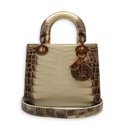 Lady Dior White Top Handle Bag in Crocodile Leather Rose Gold hardware
