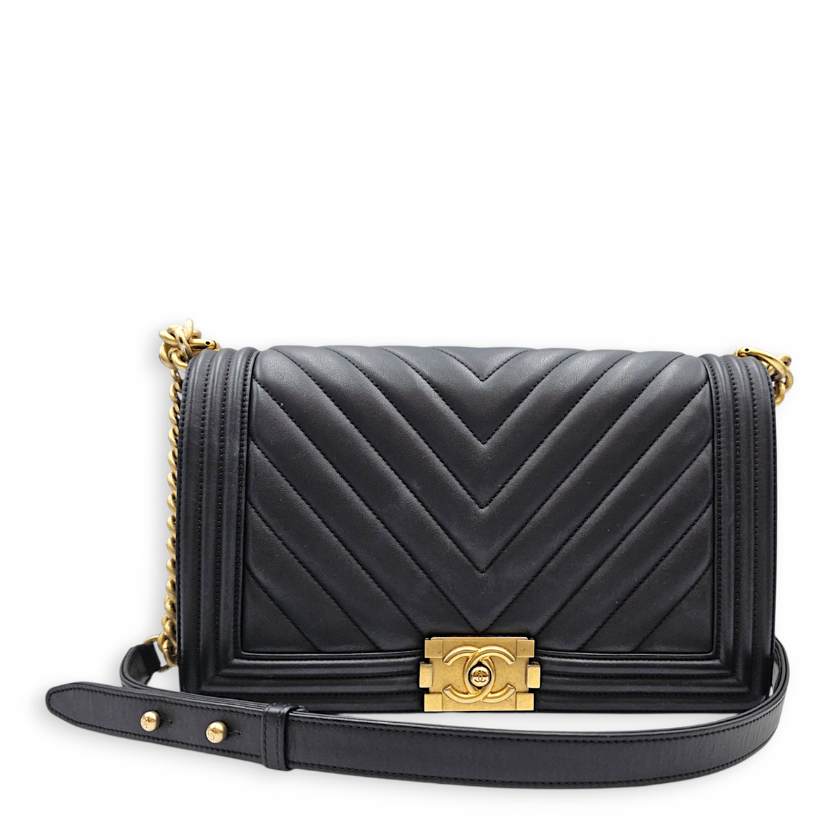 Boy 27 Black Shoulder Bag in Lambskin Brushed Gold hardware