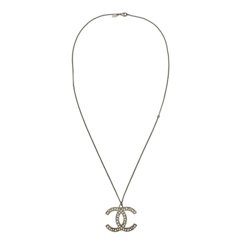 Large Crystal CC Necklace  Silver Necklace  Silver hardware