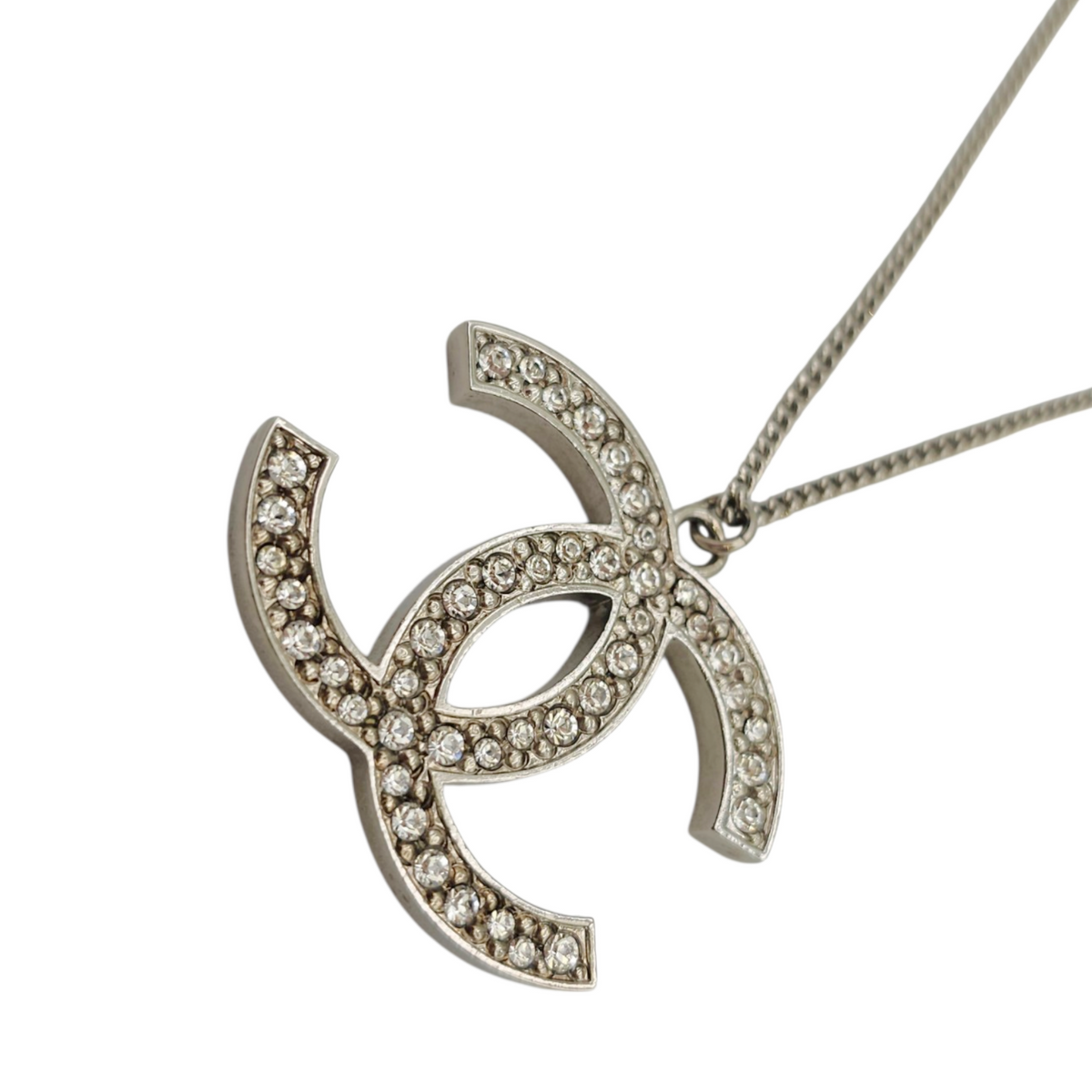 Large Crystal CC Necklace  Silver Necklace  Silver hardware