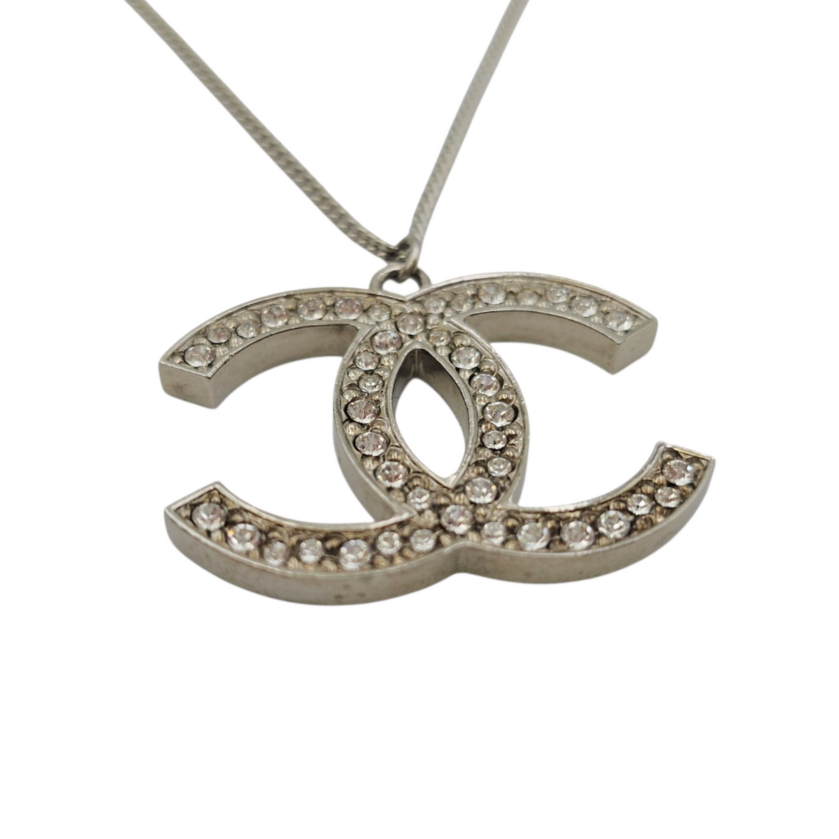 Large Crystal CC Necklace  Silver Necklace  Silver hardware