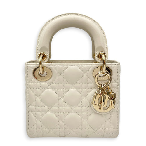 Lady Dior Mini White Top Handle Bag in Lambskin Light Gold hardware