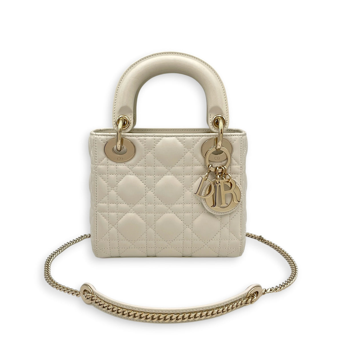 Lady Dior Mini White Top Handle Bag in Lambskin Light Gold hardware