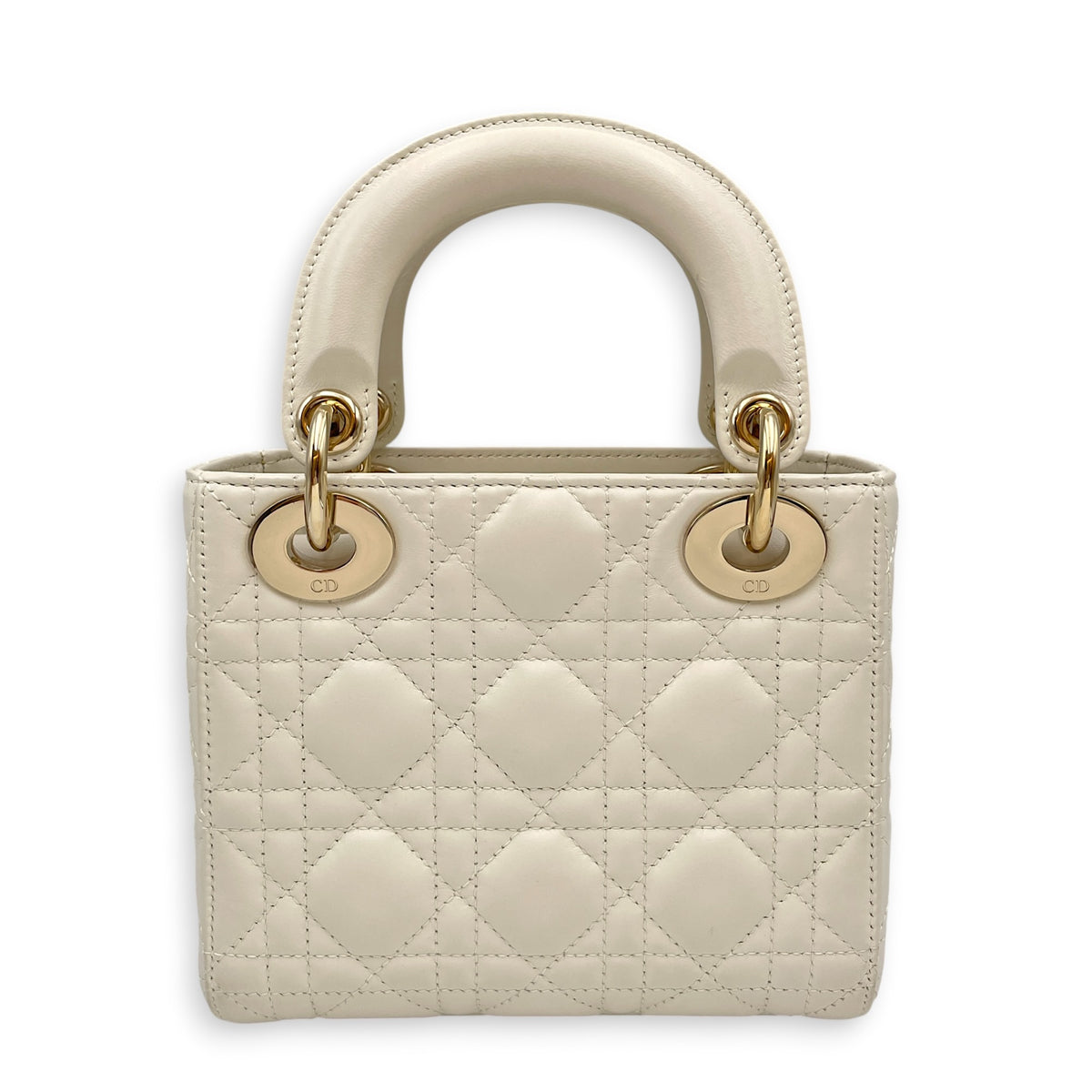 Lady Dior Mini White Top Handle Bag in Lambskin Light Gold hardware