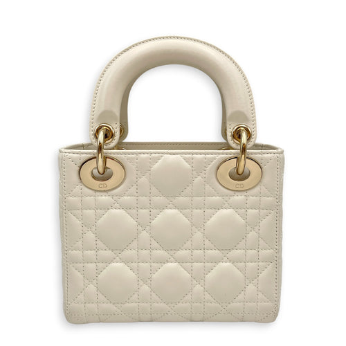 Lady Dior Mini White Top Handle Bag in Lambskin Light Gold hardware