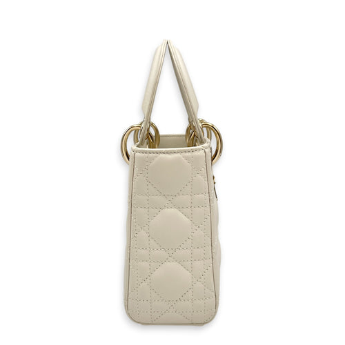 Lady Dior Mini White Top Handle Bag in Lambskin Light Gold hardware