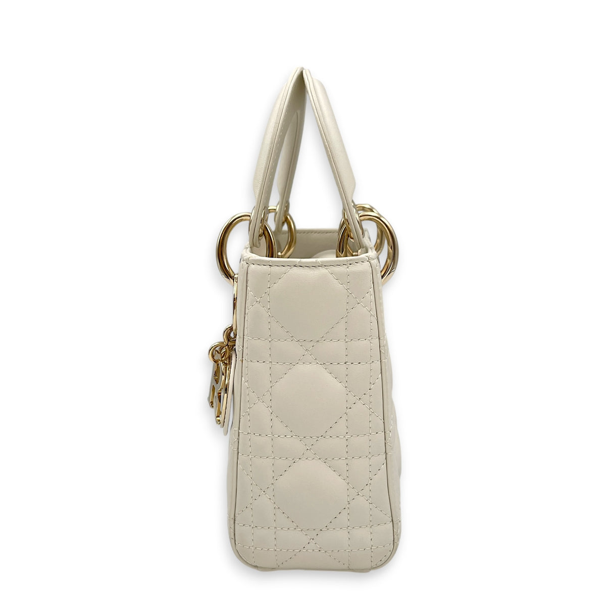 Lady Dior Mini White Top Handle Bag in Lambskin Light Gold hardware