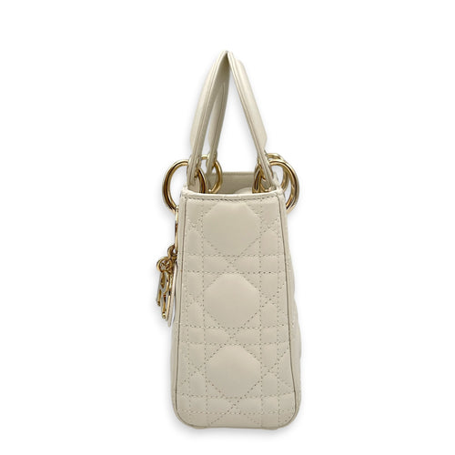 Lady Dior Mini White Top Handle Bag in Lambskin Light Gold hardware