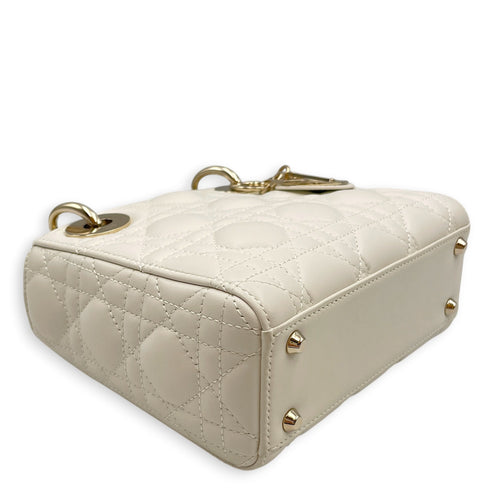 Lady Dior Mini White Top Handle Bag in Lambskin Light Gold hardware